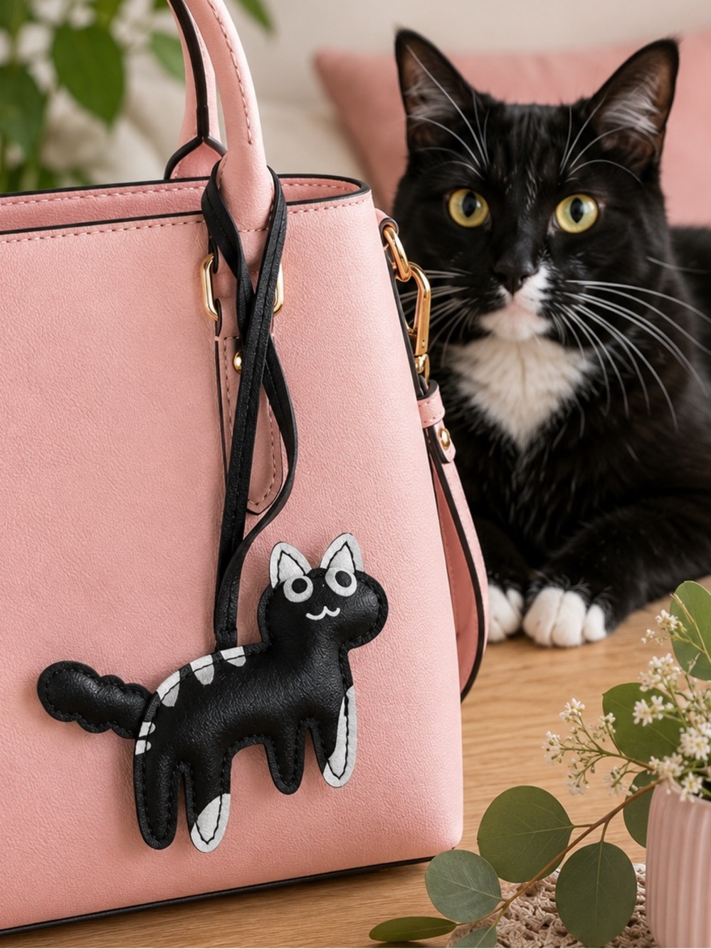 Black & White Striped Cat Faux Leather Bag Charm